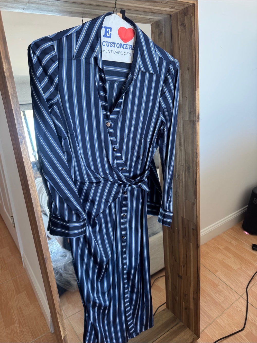 White House Black Market Navy and White Striped Wrap Shirt Dress